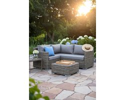 Polyrotan Hoeklounge Set met Kussenbox – 185x185 cm Grijze Tuin Loungeset met Tafel – Weerbestendige Tuinhoekbank met Zachte Kussens – Moderne Outdoor Lounge Zitgroep Industrohome Luxe