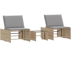 Polyrotan ligstoel 2-zits met tafel, beige PE rotan outdoor set met verstelbare rugleuning en glazen tafelblad