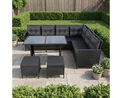Polyrotan Loungeset 7-Zits Hoekbank met Krukken en Tafel met Glasplaat incl. Kussens Zwart - Urbanhome