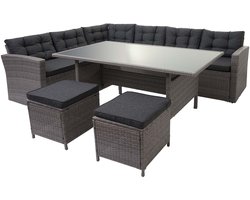 Polyrotan-set MCW-A29, tuinset zitgroep lounge-eettafel-set bank ~ grijs, kussens grijs + 2x voetenbank