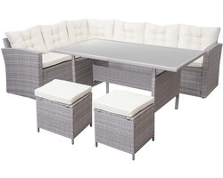 Polyrotan-set MCW-A29, tuinset zitgroep lounge-eettafel-set bank ~ lichtgrijs, kussens crème + 2x voetenbank
