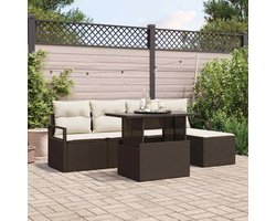 Polyrotan tuinbankset met kussens, 6-delig, bruin en crème, zitgroep van gepoedercoat staal, gevoerde stoelen met schuim en polyester, armleuningen