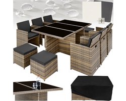 Polyrotan Tuinmeubelset 10 Personen 268 x 230 x 82 cm 6 Stoelen, 4 Krukken en Tafel met Glasplaat Incl. Hoezen natuur - Urbanhome