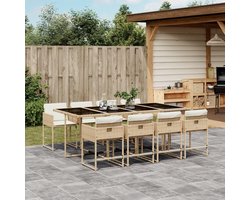 Polyrotan tuinmeubelset 6 personen – Luxe 7-delige loungeset met tafel en stoelen – Ruimtebesparende kubus tuinset met kussens en glasplaat – creme Urbanhome