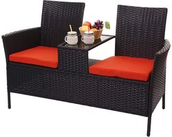 Polyrotan Zitbank - Tuinbank met tafel - Buiten Ontspannen - Geïntegreerde glazen tafel - 132 cm breed - Zwart met kussen