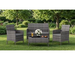 Polyrotan Zitgroep Fort 4-Personen - 2-Zitsbank, 2 Stoelen & Tafel Veiligheidsglas - 5cm Dikke Kussens - Weerbestendig + UV-Bestendig - Voor Terras, Balkon & Tuin - IndustroHome