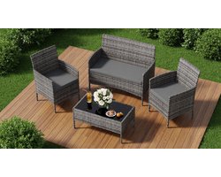 Polyrotan Zitgroep Fort 4-Persoons Grijs Gemêleerd - Balkonmeubelset met 2-Zitsbank, 2 Stoelen & Glazen Tafel - 5cm Dikke Wasbare Kussens - Weerbestendig UV-Bestendig - Voor Terras, Balkon & Tuin - IndustroHome