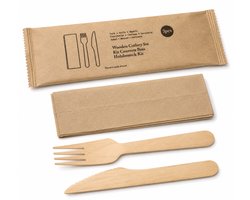 Pomebio houten bestekset - 3 in 1 (mes, vork, servet) bestekzakje - 100 st