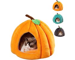 Pompoen kattenmand voor kleine katten (38 cm), schattige Halloween dierenmand met verwijderbaar en wasbaar kussen, opvouwbaar zacht pluche kattententje, warm slaapbed voor puppy's, kittens en kleine honden (tot 2,7 kg)