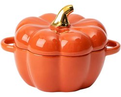 Pompoen Kom - Ramekin met deksel - Individueel Bakken - Ovenbestendig Steengoed - 14cm Breed - Oranje