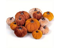 Pompoen kunstmatige pompoenen - herfst decoratie - 12 stuks - nep fluwelen - oranje bruin kaki - schuim - tafel middelpunt - oogst Thanksgiving Halloween - feestdecoratie