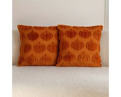 Pompoen Kussenhoes 50x50 cm – Herfst Decoratie – 2 Stuks - Pluche Jacquard – Oranje – Sierkussen Zonder Vulling - Decoratie - Trending Halloween Kussenhoes - Wasbaar - Ritssleuting