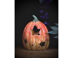 Pompoen met blaadjes Oranje LED 17 cm hoog - Halloween - Griezel - Herfstcollectie - Herfstdecoratie - interieurdecoratie - accessoire - voor binnen - gift - geschenk - cadeau verjaardag