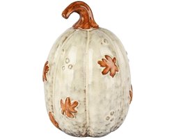 Pompoen met blaadjes wit-oranje porselein 16 cm hoog - Halloween - Griezel - Herfstcollectie - Herfstdecoratie - interieurdecoratie - accessoire - voor binnen - gift - geschenk - cadeau verjaardag