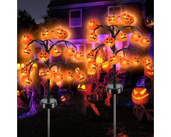 Pompoenlampjes op Zonne Energie - 2 stuks - Solar Tuinverlichting - Pompoenlantaarn - lichtsnoer pompoen - Halloween Decoratie Licht - Waterdichte Lampjes - Verlichting - Decoratie Buiten - Halloween versieren - Voor tuin, erf en gazon - Oranje
