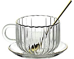 Pompoenvormige Glazen Koffiemok met Schotel en Lepel