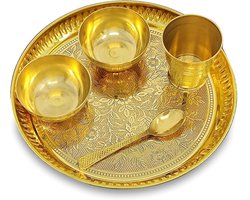 Pooja Thali Set - Religieus Bord - Religieuze Riten - Puurs Messing - 8 Inch - Messingkleurig