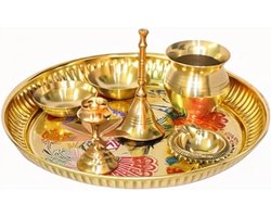 Pooja Thali Set - Religieuze Schaal Hindoestaanse Serveerschaal - Religieuze Rituelen - Messing met 7 Delen - 20 cm Diameter