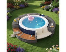 Pool Edge, Spa Pool, Garden Furniture Set, PE Grey Rattan and Acacia Wood, with Storage Space, Lounge Set with Adjustable Legs, Includes Cushions, for Whirlpool and Pool-Mobili Bella