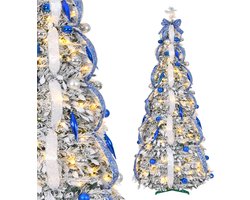 Pop-up Kerstboom 150 cm met 100 LED - 8 Lichtmodi - Blauw met Sneeuw - Inclusief Kerstballen & Linten - Opvouwbaar - NAIZY