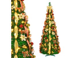 Pop-up Kerstboom 150 cm met 100 LED - 8 Lichtmodi - Rood & Goud - Inclusief Kerstballen & Linten - Opvouwbaar - NAIZY