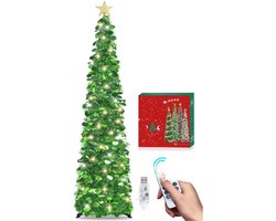 Pop-Up Kerstboom 180 Cm – 100 LED Lampjes – Tinsel / Lametta Boom – Inklapbare Kunst Potloodboom – Voor Binnen Huis Kantoor Of Feest – USB Aangedreven Met Timer En Afstandsbediening