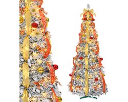 Pop-up Kerstboom 180 cm met 150 LED - 8 Lichtmodi - Rood & Goud met Sneeuw - Inclusief Kerstballen & Linten - Opvouwbaar - NAIZY