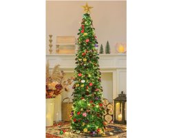 Pop-Up Tinsel Kerstboom 150 Cm – Inklapbare Kunst Potloodboom – Vooraf Verlicht Met Timer Lampjes – Groen – Voor Binnen Huis Appartement Of Feest