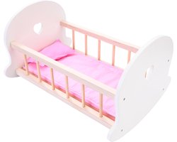 Poppenbed hout met schommelfunctie roze / wit geschikt voor poppen tot 46 cm - Poppencommode - Houten Poppenwieg - Met beddengoed en kussentje