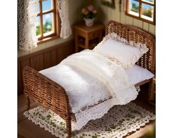 Poppenhuis Bed Rotan 1:12 Miniatuur Slaapkamer Meubelset met Kant Beddengoed