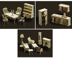 Poppenhuis meubels set keuken, huiskamer en eetkamer - Bouwpakket