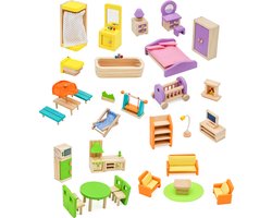 Poppenhuis Meubelset - Poppenhuisinrichting - 31 delig - Meubeltjes - Woonkamer - Badkamer - Slaapkamer - Keuken - Terras