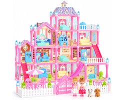 Poppenhuis voor Kinderen - Roze Prinsessenkasteel - 275 Onderdelen - 4 Verdiepingen - 13 Kamers en 3 Balkons - Met Lichtstrip, 2 Poppen, 2 Hondjes en Meubels - Bouwspeelgoed vanaf 3 Jaar