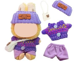 Poppenkleding, 17 cm, paars, compatibel met Labubu-poppen, zomer, jeugd, poppenkleding, accessoireset met 1 groene band, jurk, 1 parasol, hoed, 2 schattige tassen voor meisjes, kinderen, geschenken