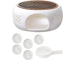 Porcelain Teapot Warmer met Kurk en Metaal Coaster - 14.5cm - Keramische Theelichthouder voor Koffie - Melk - Thee - Warmen - Opengewerkt - Houtsnijwerk - Design (Wit)