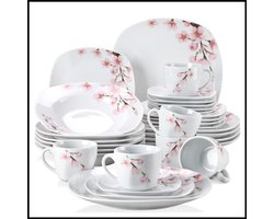 Porselein Serviesset 30-delig – Roze Bloemen Patroon – Dinerborden – Soepborden – Dessertborden – Koffiekopjes – Schotels – Luxe Eenvoudig Onderhoud – Oven-, Vaatwasser- & Magnetronbestendig – Gezond & Duurzaam