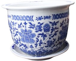 Porseleinen Bloem Pot - Keramische Plantenbak - Binnen Planten - Blauw Wit Decoratief - 21x21x14cm - Blauw Wit