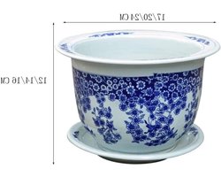 Porseleinen Bloempot - Decoratieve Plantenbak - Binnen Buiten - Met Drainagegat - 24 cm - Blauw Wit
