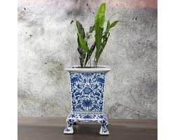 Porseleinen bloempot - Handgeschilderde plantenbak - Binnen en buiten - Met drainagegat - 27 x 27 cm - Blauw en wit