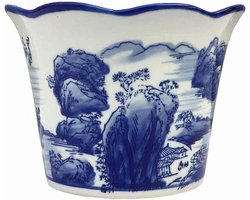 Porseleinen Bloempot - Keramische Plantenbak - Binnen en Buiten - Handgeschilderd Decoratief - 14cm Diameter - Blauw Wit
