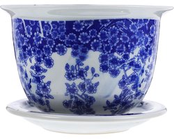 Porseleinen bloempot - Plantenbak decoratie - Binnen en buiten - Met bijpassend dienblad - 17x17x12cm - Blauw en wit