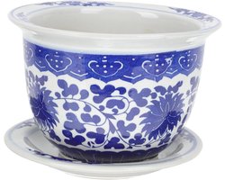 Porseleinen Bloempot - Plantenbak Decoratie - Planten Verfraaien - Met Lade - 17x17x12cm - Blauw Wit