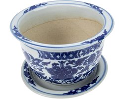 Porseleinen Bloempot - Plantenbak Keramiek - Binnen Buiten Kweken - Met Dienblad - 21x21x14cm - Blauw Wit