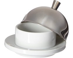 Porseleinen Boter Cup - Boterhouder met Deksel - Smeert boter - Spiegelafwerking RVS Koepel - 9 cm Diameter - Wit