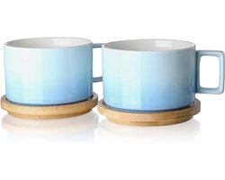 Porseleinen cappuccino kop met houten schotel, 310ml Demitasse kopjes set voor koffie, cappuccino, latte, expresso, americano, thee (hemelsblauw)