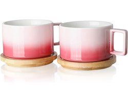 Porseleinen cappuccino kop met houten schotel, 310ml Demitasse kopjes set voor koffie, cappuccino, latte, expresso, americano, thee (Sakura roze)