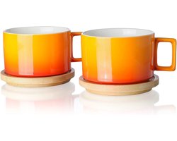 Porseleinen cappuccino kop met houten schotel, 310ml Demitasse kopjes set voor koffie, cappuccino, latte, expresso, americano, thee (tropisch oranje)