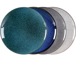 Porseleinen dinerborden, 26 cm, grote eetborden, saladeborden, set van 4 borden, vintage blauw/groen/lichtgrijs/donkergrijs