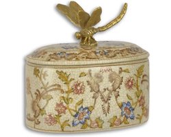 Porseleinen doosje - Klassieke bloemen decoratie - Bronzen libelle - 11,8 cm hoog