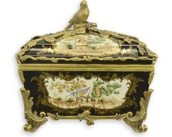 Porseleinen doosje - Vogel bloemenprint - Porselein en brons - 34,5 cm hoog